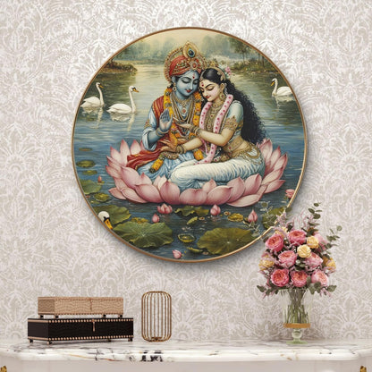 Radha Krishna Round Art Print with Golden Frame | Divine Lotus HD Art Print for Living Room Pooja Room Temple Home Décor 16 Inch x 16 Inch