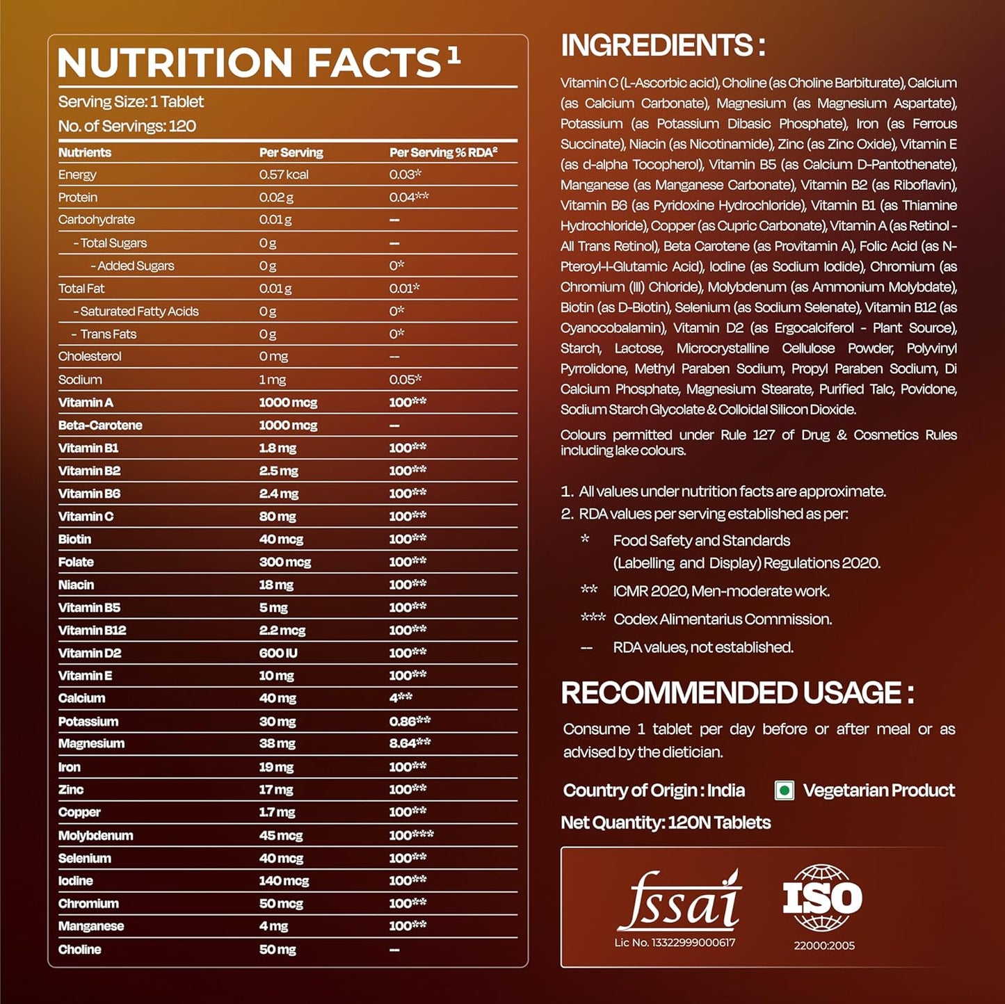 Nutrition facts and ingredients list on a brown background