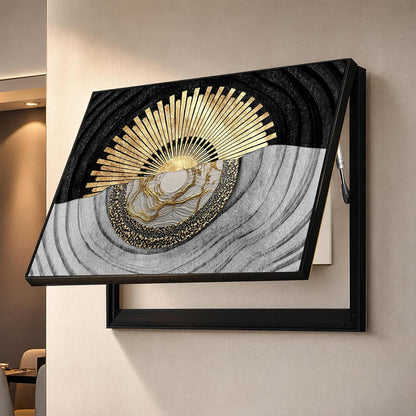 Electric MCB Box Cover Frame With Hydraulic Decorative Painting Gold Textured Sun Painting Electrical Panel box Cover, Switch Box Frame Will Fit Max 10x14 inch Switch Board, Outer Size 13X17 Inch