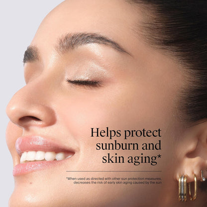 Close-up of a woman's face with text about sunburn and skin aging protection.