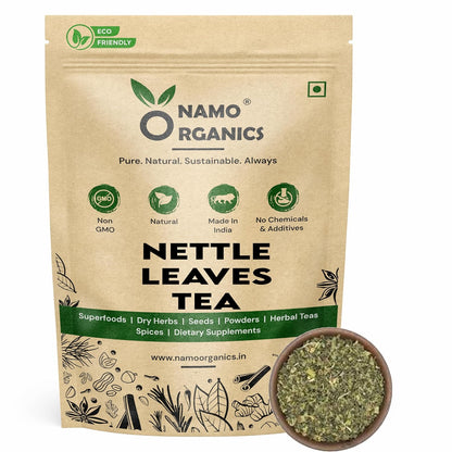 Namo Organics Nettle Leaves Tea package with a small bowl of tea leaves on a white background