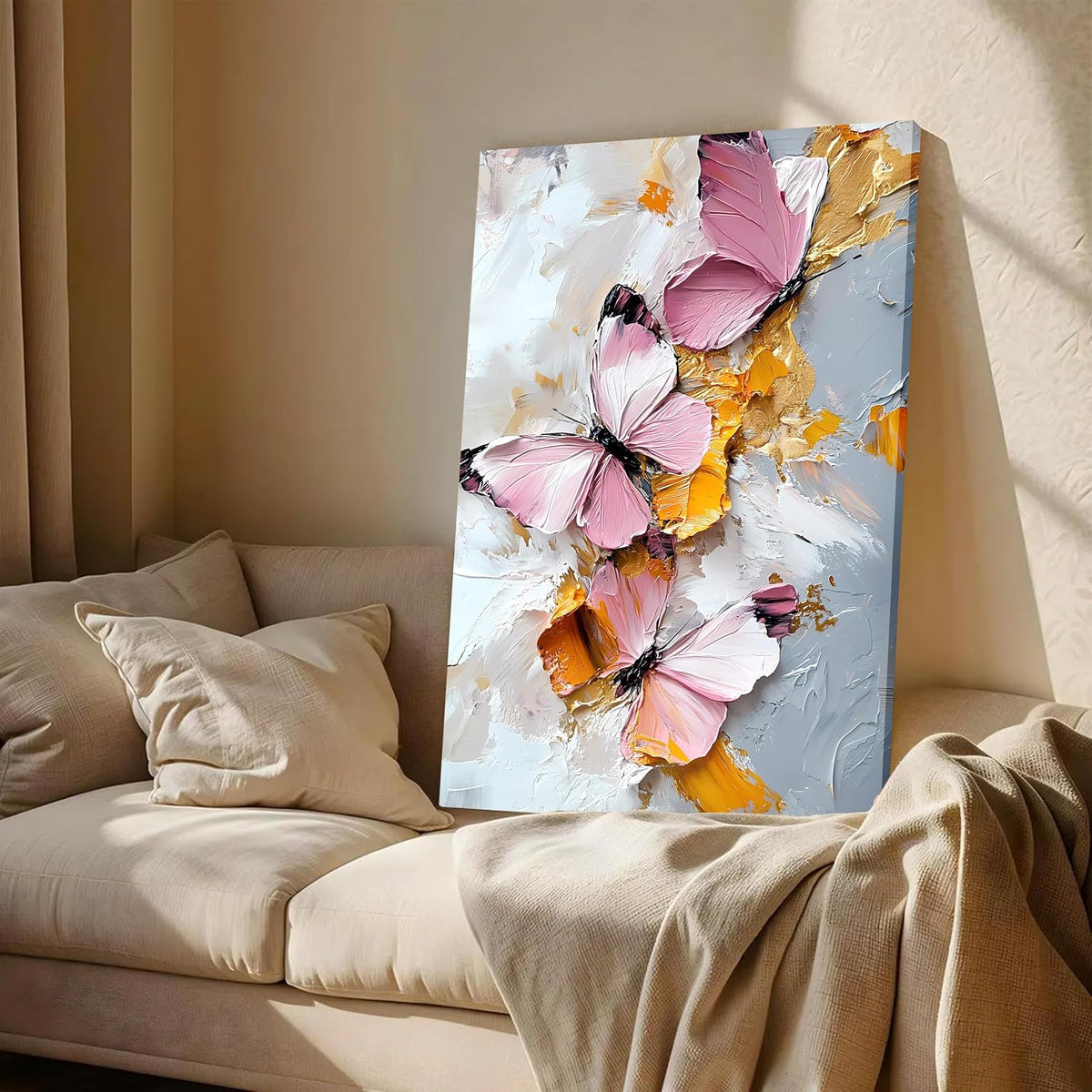 Butterfly Floral Canvas Wall Art Painting For wall decoration | Multicolour Butterfly Stretched Canvas Painting For living room, bedroom, home and Office, 16x22 Inch