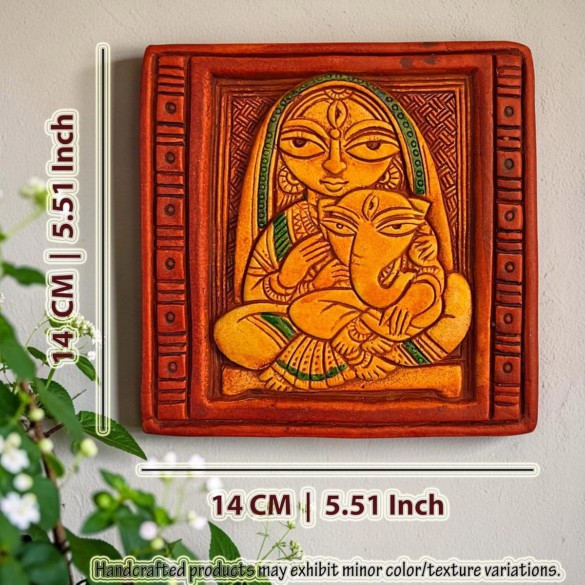 Maa Durga with Ganesh Terracotta Wall Hanging Idol Murti Decor | Devi MATA & Ganesha Janani Decor | Spiritual Art for Temple, Home & Office Decor | Spiritual Gift (14x14CM)