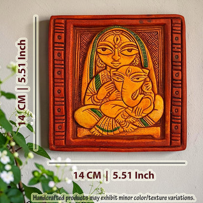 Maa Durga with Ganesh Terracotta Wall Hanging Idol Murti Decor | Devi MATA & Ganesha Janani Decor | Spiritual Art for Temple, Home & Office Decor | Spiritual Gift (14x14CM)