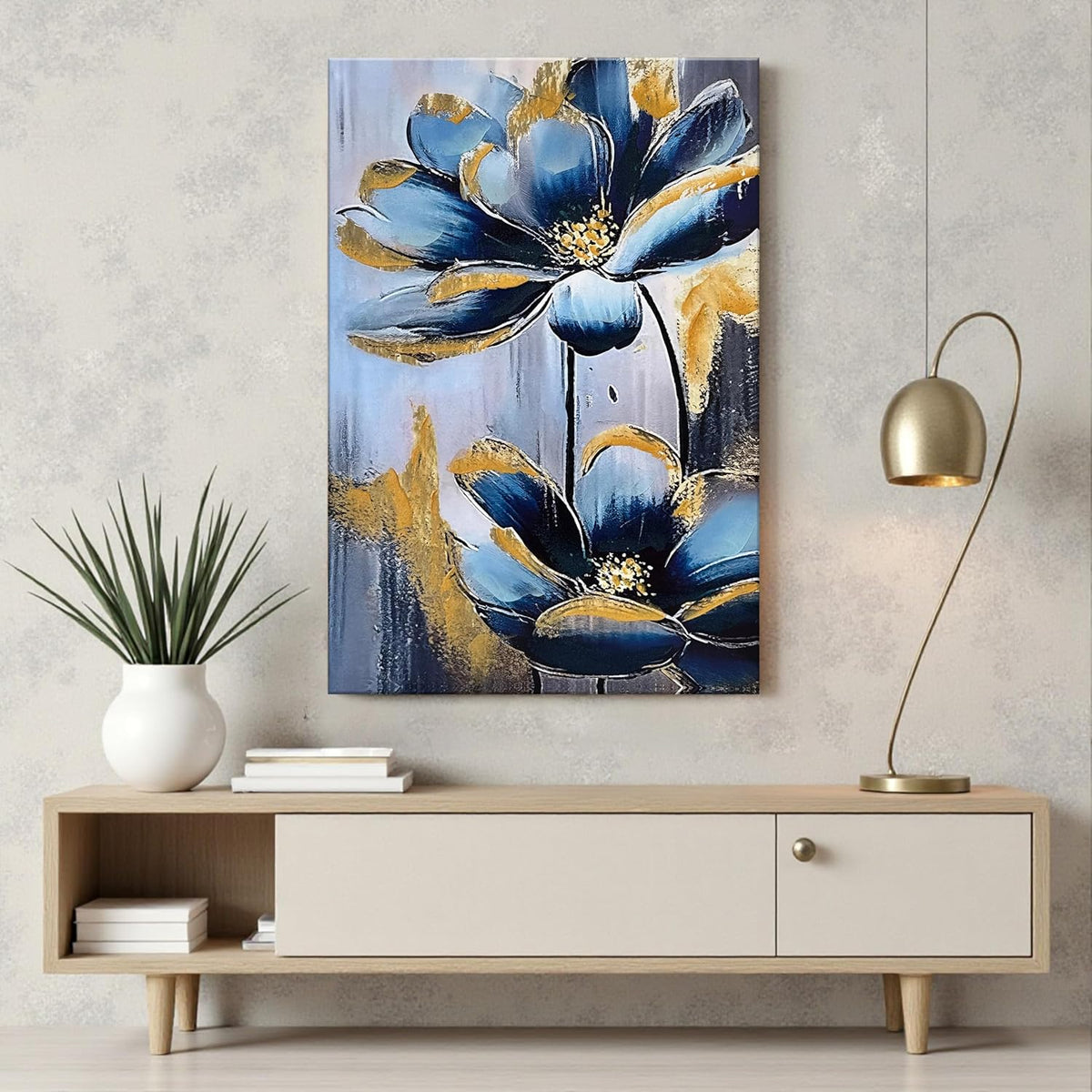 Stretched Canvas Abstract Blue and Gold Flower Paintings Abstract 3d Paintings for Office Hand Painted Canvas Art 3D Textured Floral Wall Painting Modern Aesthetic Home Decor 61x91 cm