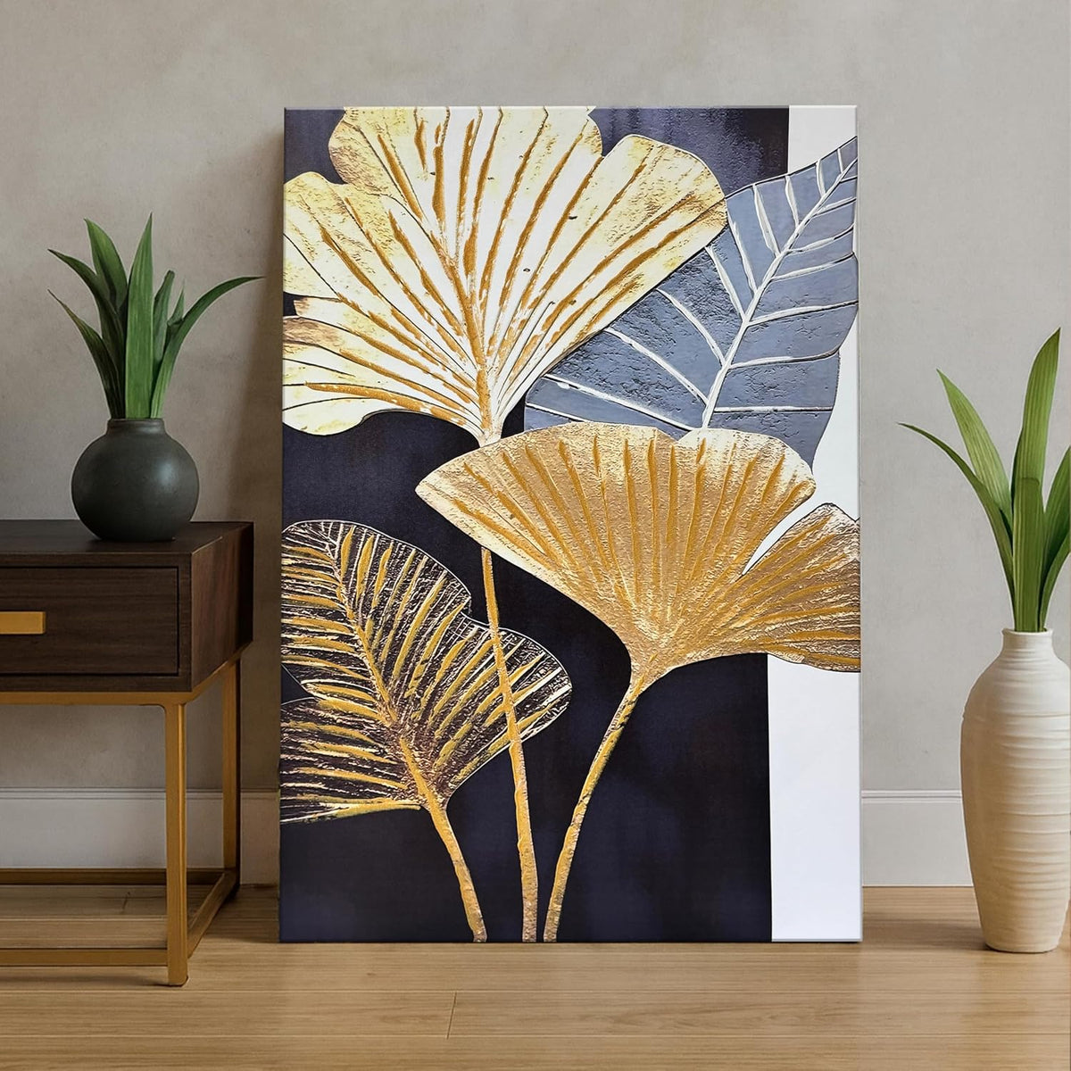 Abstract Stretched Canvas Paintings Gold Ginkgo Leaf Wall Art 3D Textured Abstract Botanical Canvas Painting Wall Décor Hand Painted Art Painting for Modern Home Decor 61x 91cm