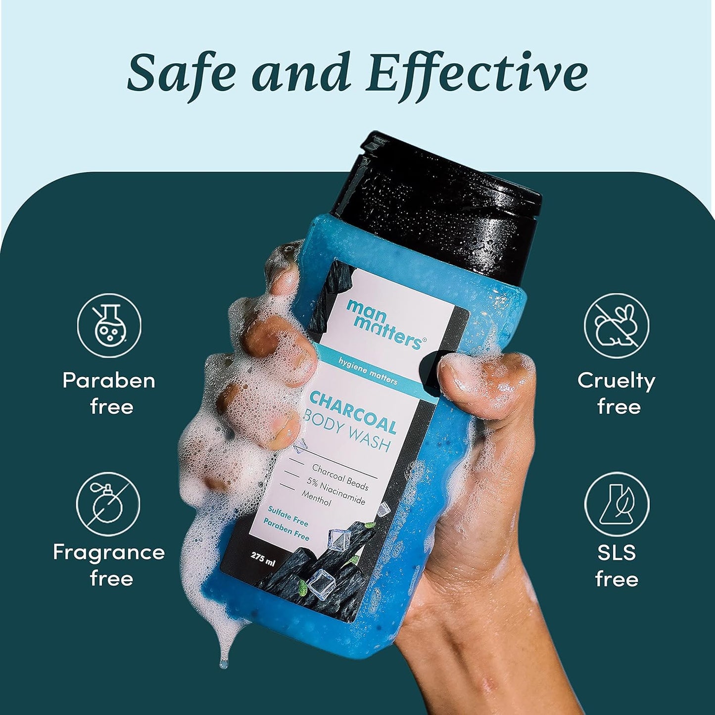 Man Matters 3 in 1 Action Charcoal & Menthol Body Wash | With Menthol, 5% Niacinamide & Activated Charcoal Beads | For Instant Cooling, Odor Protection & Improves Skin texture | 250ml