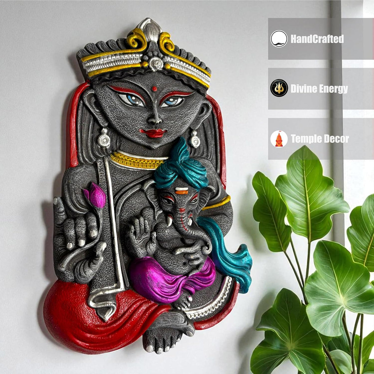Maa Durga with Ganesh Terracotta Wall Hanging Idol Murti Decor | Devi MATA & Ganesha Janani Decor | Spiritual Art for Temple, Home & Office Decor | Spiritual Gift (29x19 CM)
