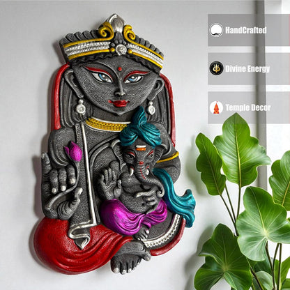 Maa Durga with Ganesh Terracotta Wall Hanging Idol Murti Decor | Devi MATA & Ganesha Janani Decor | Spiritual Art for Temple, Home & Office Decor | Spiritual Gift (29x19 CM)