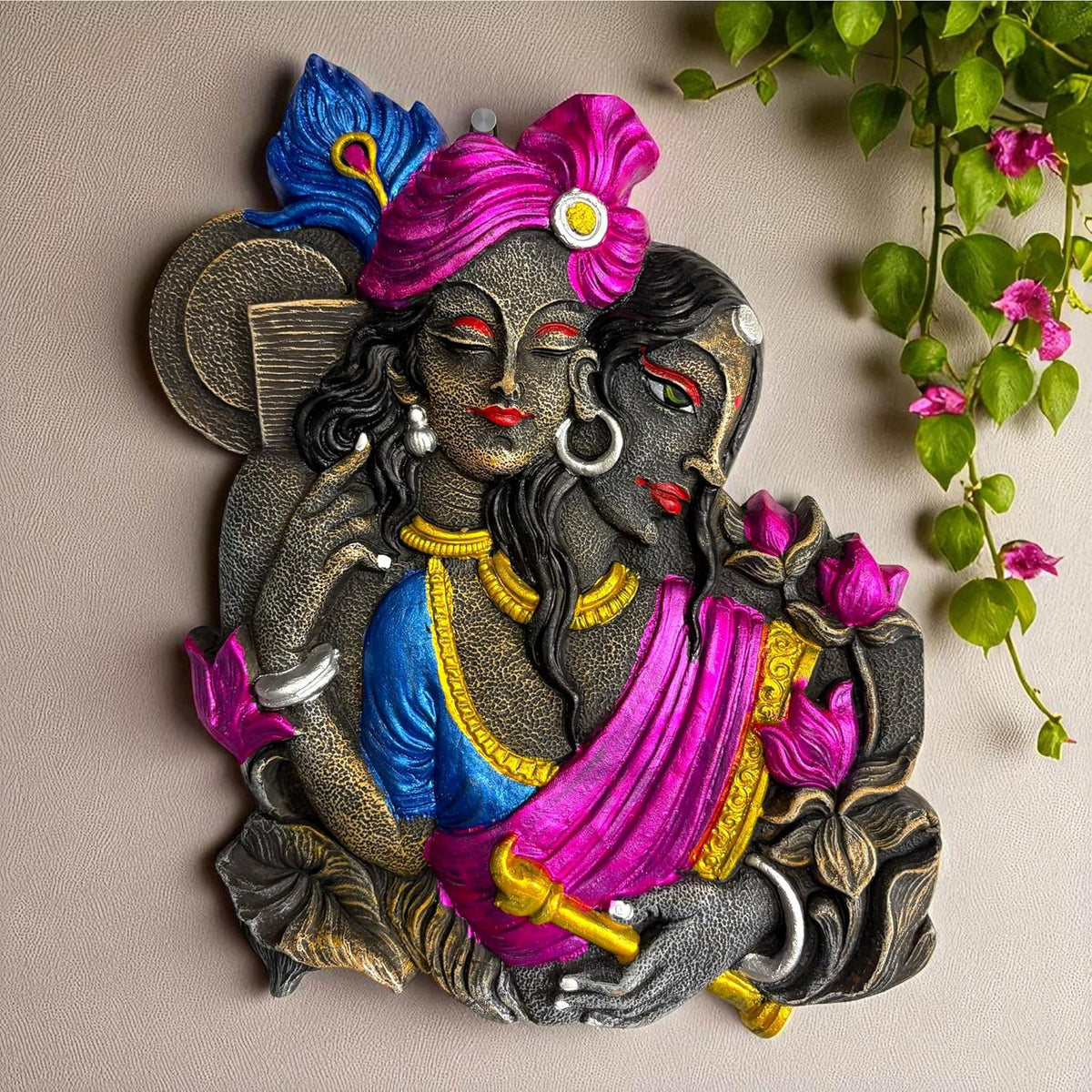 Radha Krishna Wall Hanging Terracotta Idol Murti | Terracotta Wall Decor | Spiritual Wall Art for Home, Temple, Mandir, Living, Office & Vastu Decoration | Spiritual Gifts (27x21 CM)