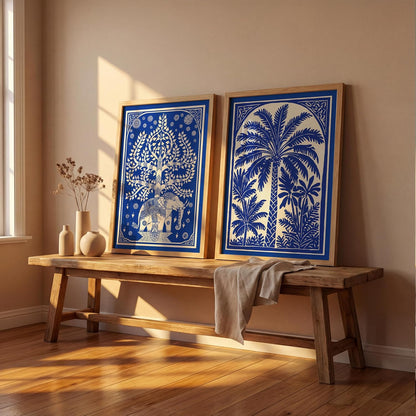 Blue White Elephant Tree of Life Wall Art Painting | Set of 2 Framed Paintings | Indian Folk Art Decor for Living Room Bedroom Home Office | (ART 10, 13x19 INCHES)