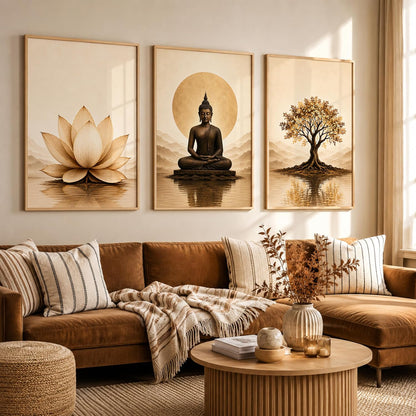 Wooden Frame Buddha Wall Art Set of 3, 13x19 Inches, for Meditation, Home, Bedroom, Office, and Spiritual Decor