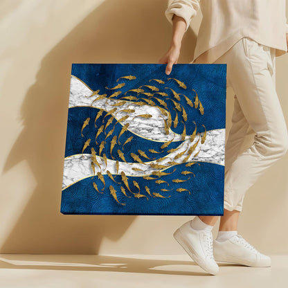Nordic Moon Fish Stretched Canvas Painting for Living Room | Abstract Ocean Wildlife Wall Décor Art For Livingroom, Bedroom, Office, Hallways - 16x16 Inch
