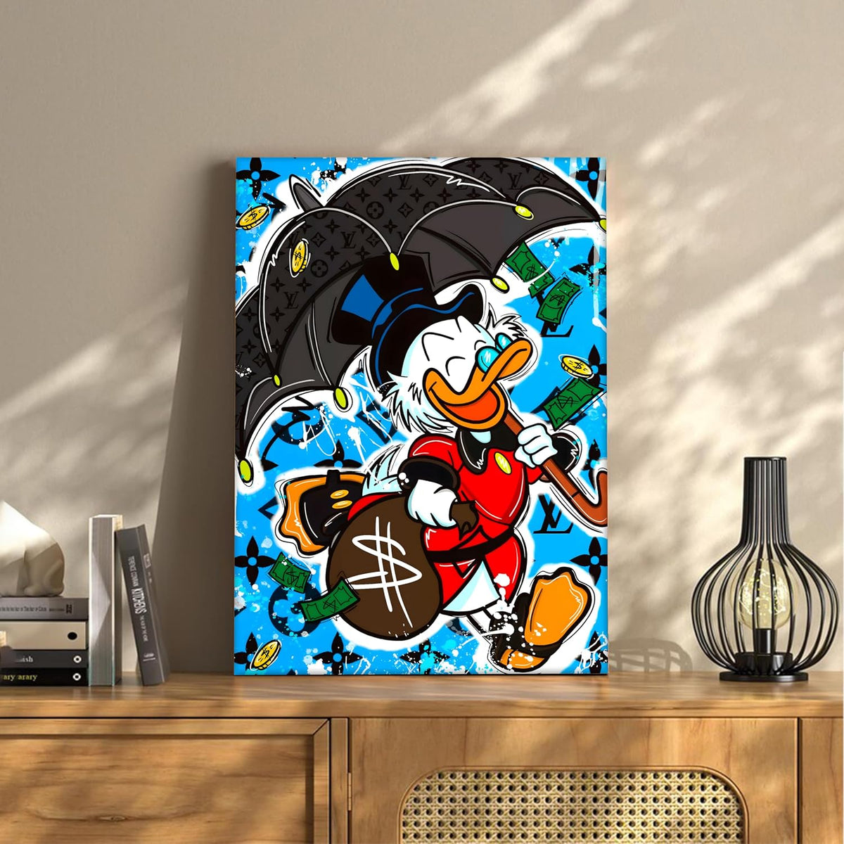 Luxury Cartoon Duck Pop Art Canvas Wall Art Painting For Living Room | Money & Success Theme Street Art Wall Art Painting | Modern Graffiti Style Artwork for Home & Office, 41x56 cm