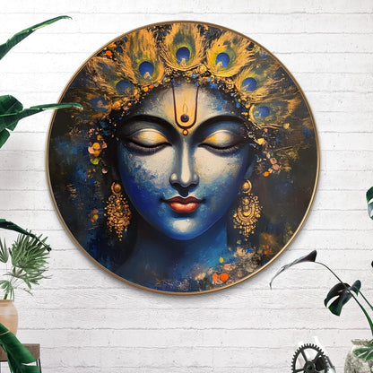 Lord Krishna Round Art Print with Golden Frame | Abstract Peacock Feather Divine Face HD Art Print for Living Room Pooja Home Décor 16 Inch x 16 Inch