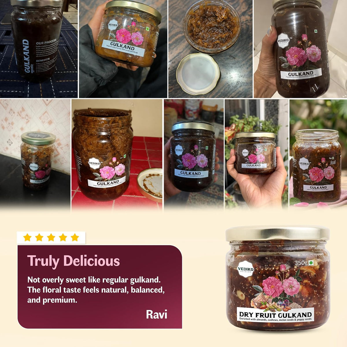 Vediko Origins Dry Fruit Gulkand | 100% Sun-Cooked Pure Rose Petal Jam With No Artificial Flavors For Gut Health | Sweetened With Raw Sugar (Mishri) | Improves Digestion | Natural Coolant