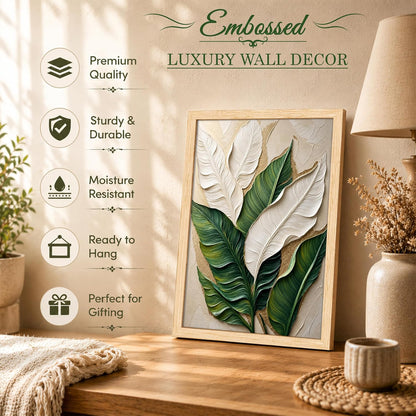 Modern Abstract 3D Textured Embossed Leaf Painting for Living Room, Green & White Tropical Leaf Motifs Rectangular Shape Framed Wall Painting for Home Decor (Size: 13x17 Inch)