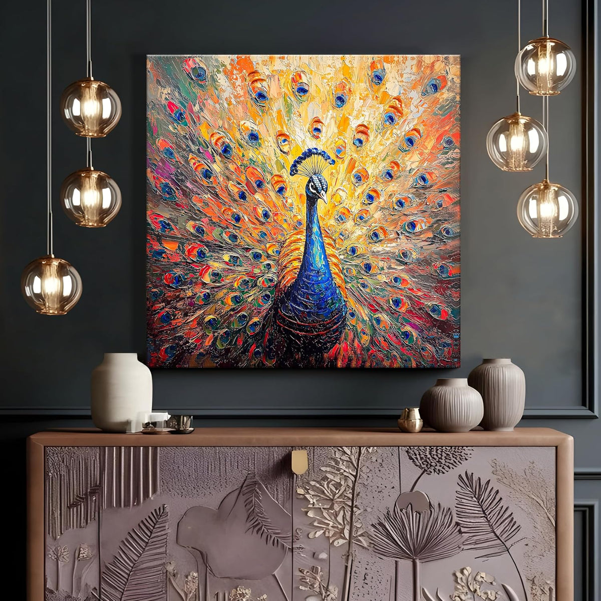 Stretched Canvas 3D Peacock Wall Art Textured Painting, Peacock Feather Art Hand-Painted Look, Stretched Canvas Giclée Print, Modern Living Room Home Decor, Side Gallery Wrap 61x61 cm