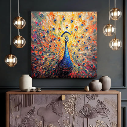 Stretched Canvas 3D Peacock Wall Art Textured Painting, Peacock Feather Art Hand-Painted Look, Stretched Canvas Giclée Print, Modern Living Room Home Decor, Side Gallery Wrap 61x61 cm