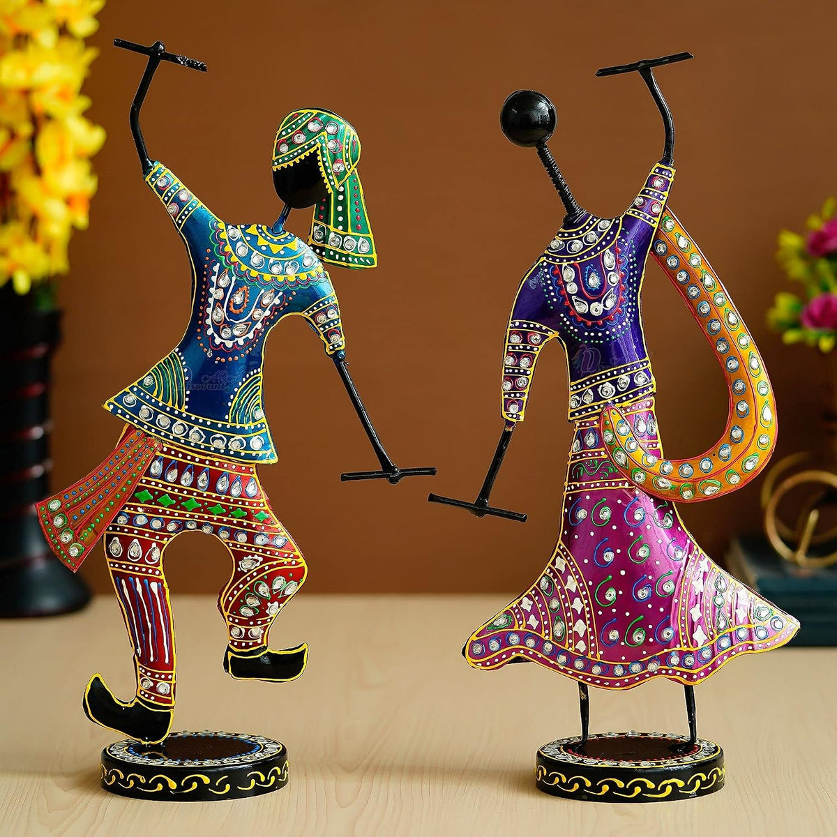 Traditional Indian Dancing Figurines, Handcrafted Metal Art Decor, Set of 2, Multicoloured