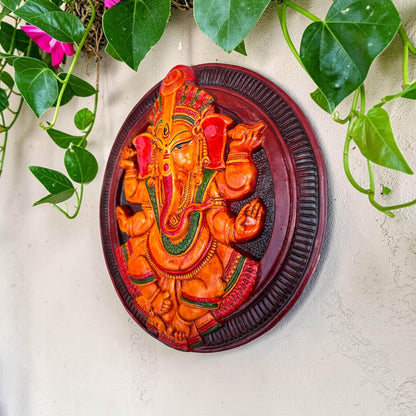 Ganesh Ji Wall Hanging Terracotta Murti Idol | Ganpati Bappa Ganesha Hand-Painted Spiritual Wall Hanging for Door Entrance, Temple, Mandir, Home & Office Decor | Spiritual Gift (19x19 CM)