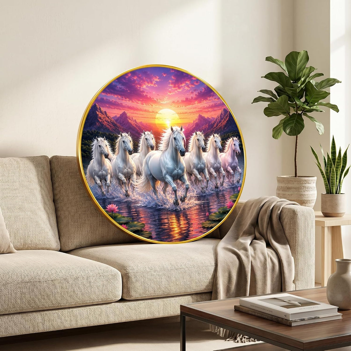 7 Horse Vastu Round Wall Painting with Premium PVC Golden Frame, White Running Horses Mountain Sunrise Lake Art for Living Room Office Home Decor Gift (20 x 20 Inch) GRL-441