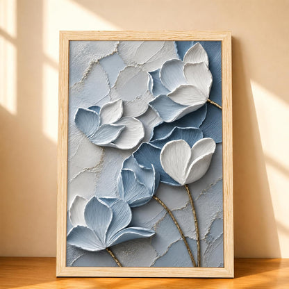 Modern Abstract 3D Textured Floral Painting for Living Room, Blue & White Magnolia Motifs Rectangular Shape Framed Wall Painting for Home Decor (Size: 8x12 Inch)