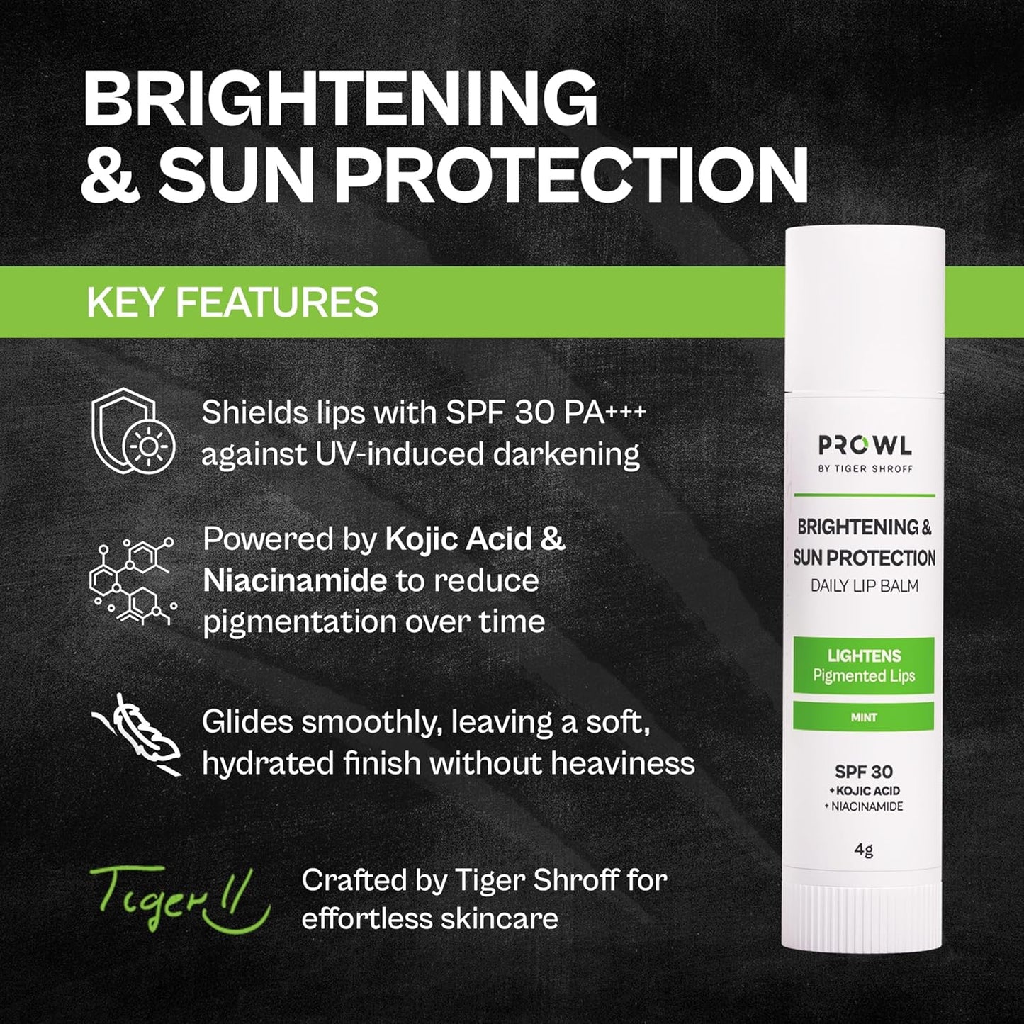 PROWL by Tiger Shroff Lipbalm For Men Brightening Dark Lips with Kojic Acid & Niacinamide | SPF 30 PA+++ Daily Lip Balm For Lightening Pigmented Dry Lips | Pigmentation Removal Care | Mint, 4g