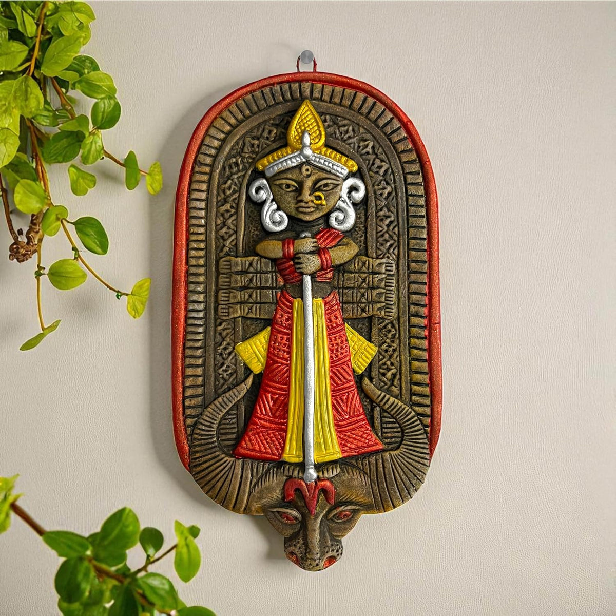 Maa Durga Murti Terracotta Wall Hanging Idol | Mahisasur Mardini Sherawali Devi MATA Wall Art Decor for Home, Temple, Mandir & Office Decor | Spiritual Gifts (23x12 CM)