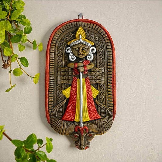 Maa Durga Murti Terracotta Wall Hanging Idol | Mahisasur Mardini Sherawali Devi MATA Wall Art Decor for Home, Temple, Mandir & Office Decor | Spiritual Gifts (23x12 CM)