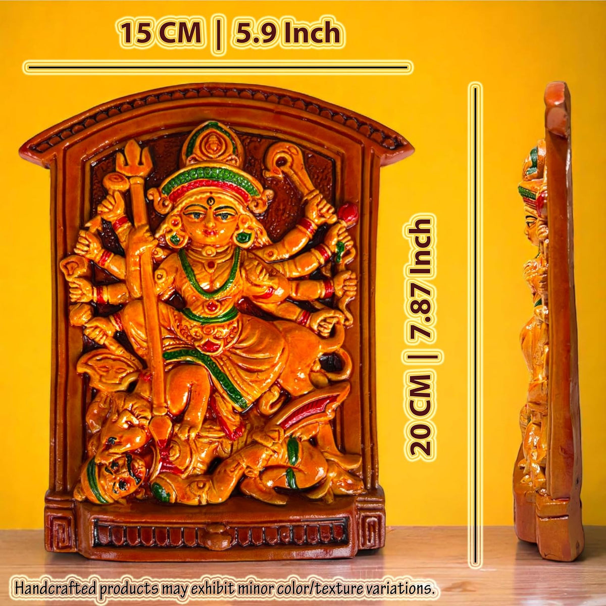 Maa Durga Murti Mahisasur Mardini Terracotta Idol | Sherawali Devi MATA Hand-Painted Table Top Decor for Temple, Mandir, Home, Office Decoration | Spiritual Gift Showpiece (20x15 CM)