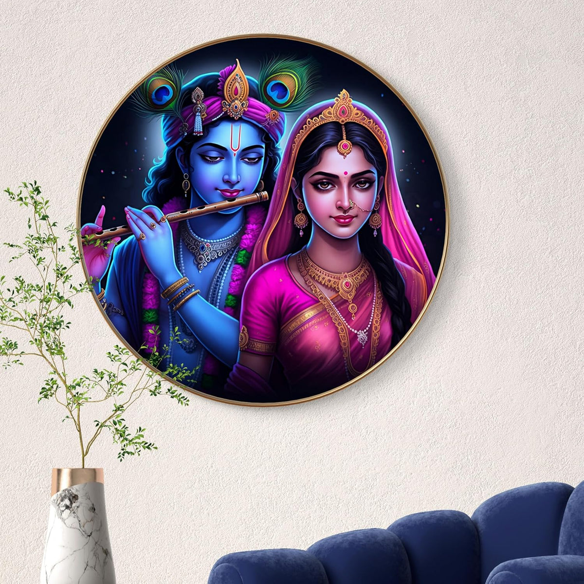 Radha Krishna Round Art Print with Golden Frame | Divine Flute HD Art Print for Pooja Room Living Room Temple Décor 16 Inch x 16 Inch