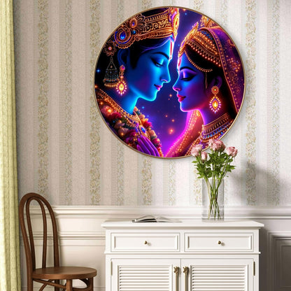 Radha Krishna Round Art Print with Golden Frame | Neon Glow HD Divine Art Print for Pooja Room Living Room Temple Décor 16 Inch x 16 Inch