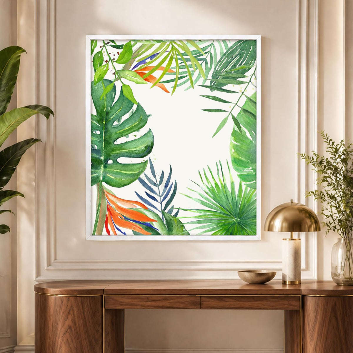 Tropical Green Leaves Framed Canvas Wall Art Painting for wall decoration | Botanical Leaf Nature Inspired Painting for Living Room, Bedroom and Office, 11x13 Inch