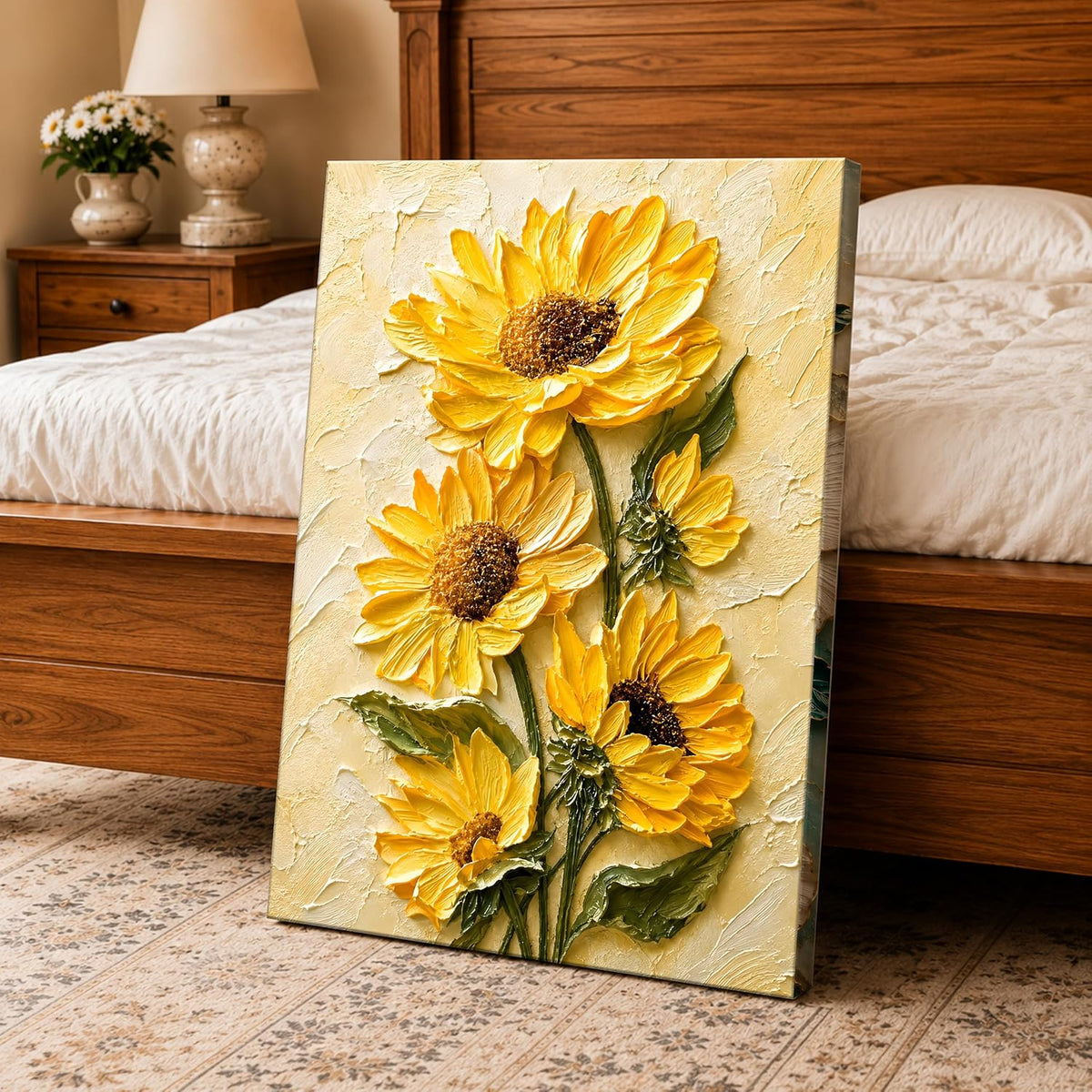 Textured Embossed Floral Canvas Wall Art Painting for wall decoration, Vibrant Yellow Sunflower Motifs Stretched Canvas Painting for living room, bedroom, office and Home, 16x22 Inch