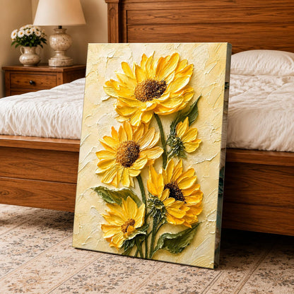 Textured Embossed Floral Canvas Wall Art Painting for wall decoration, Vibrant Yellow Sunflower Motifs Stretched Canvas Painting for living room, bedroom, office and Home, 16x22 Inch