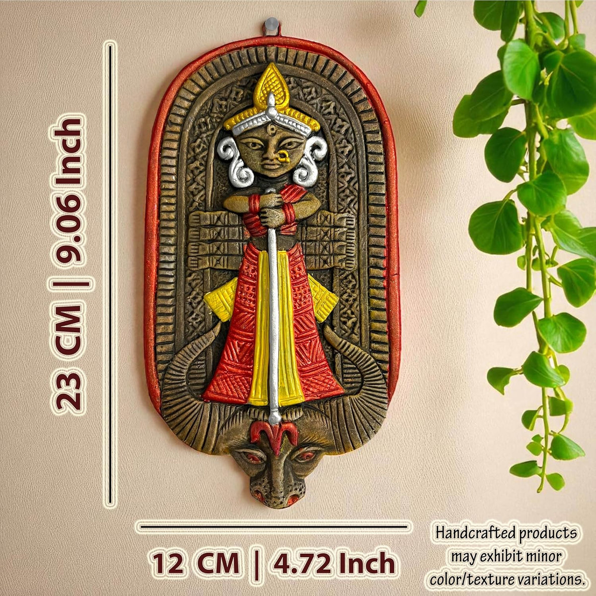 Maa Durga Murti Terracotta Wall Hanging Idol | Mahisasur Mardini Sherawali Devi MATA Wall Art Decor for Home, Temple, Mandir & Office Decor | Spiritual Gifts (23x12 CM)