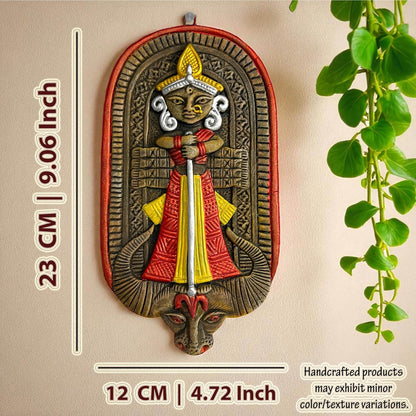 Maa Durga Murti Terracotta Wall Hanging Idol | Mahisasur Mardini Sherawali Devi MATA Wall Art Decor for Home, Temple, Mandir & Office Decor | Spiritual Gifts (23x12 CM)