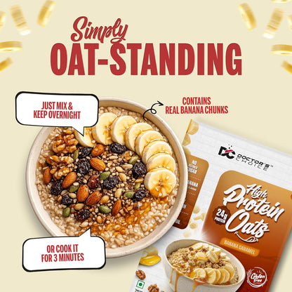 DC DOCTORS CHOICE High Protein Oats Banana Caramel Flavour 750g | 24g Protein | Made with Real Bananas | No Refined Sugar | Healthy Instant Oatmeal Breakfast | High Fiber Oats Box