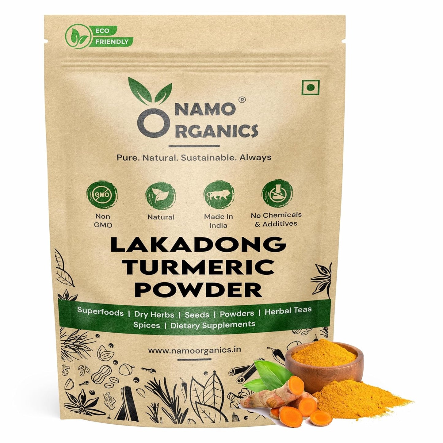 Namoo Organics Lakadong Turmeric Powder packaging with turmeric powder and turmeric roots on a white background