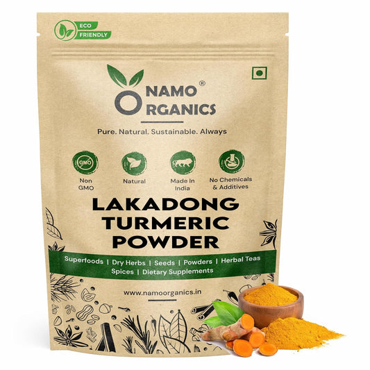 Namoo Organics Lakadong Turmeric Powder packaging with turmeric powder and turmeric roots on a white background