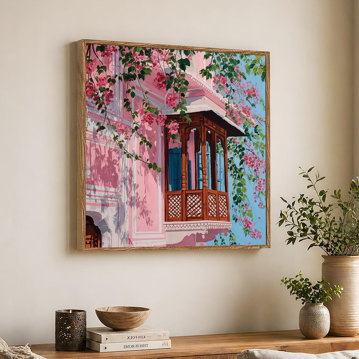 Jaipur Pink City Framed Painting For Living Room | Jharokha Art Large Canvas Painting With Frame Wall Art For Bedroom, Hallway's, Office, Hotel, Size 58x58 cm