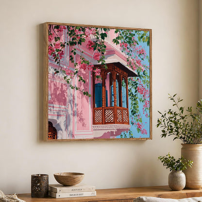 Jaipur Pink City Framed Painting For Living Room | Jharokha Art Large Canvas Painting With Frame Wall Art For Bedroom, Hallway's, Office, Hotel, Size 58x58 cm