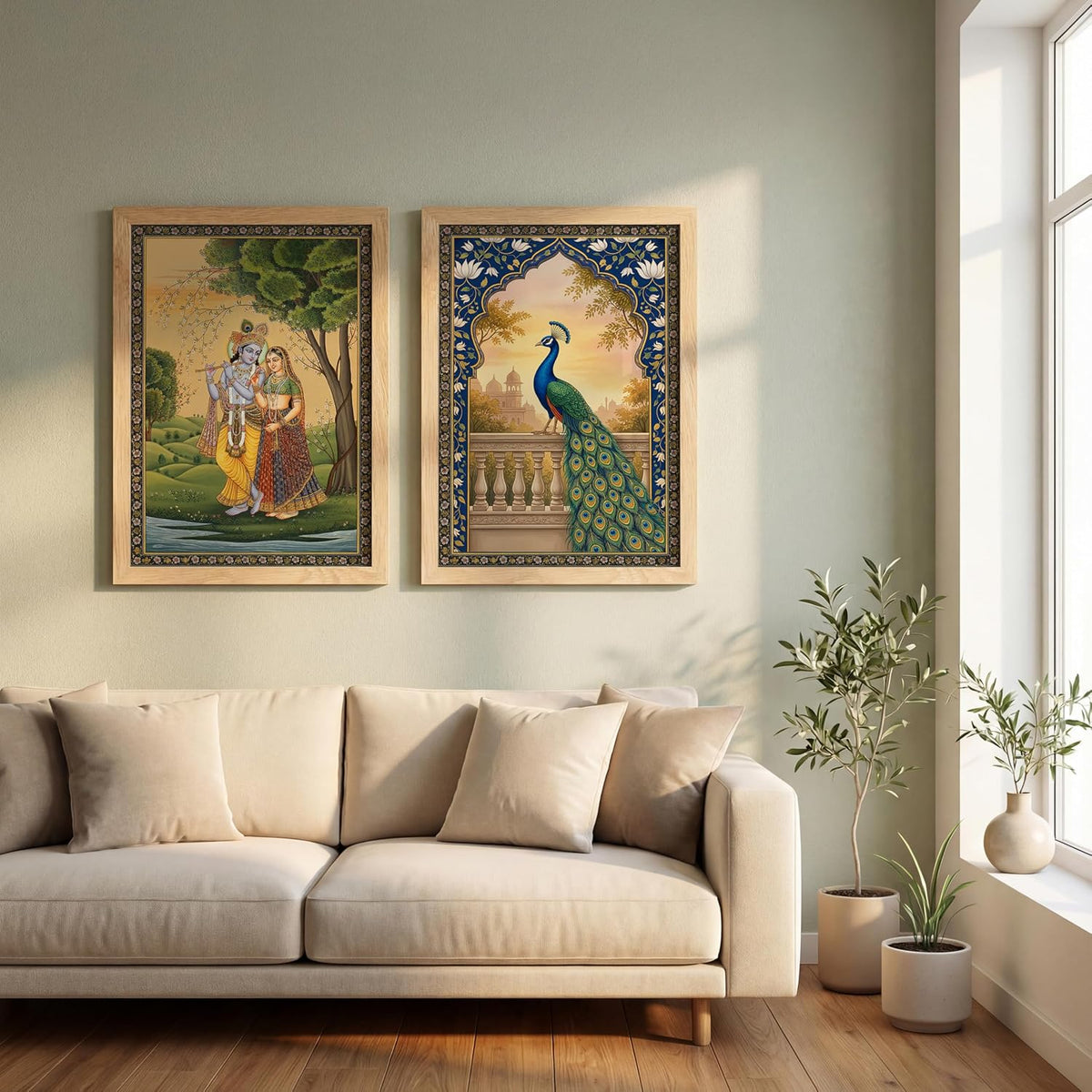 Radha Krishna Miniature Painting with Peacock Wall Art | Set of 2 Framed Paintings | Traditional Mughal Indian Decor for Living Room Bedroom | (ART 4, 13x19 INCHES)