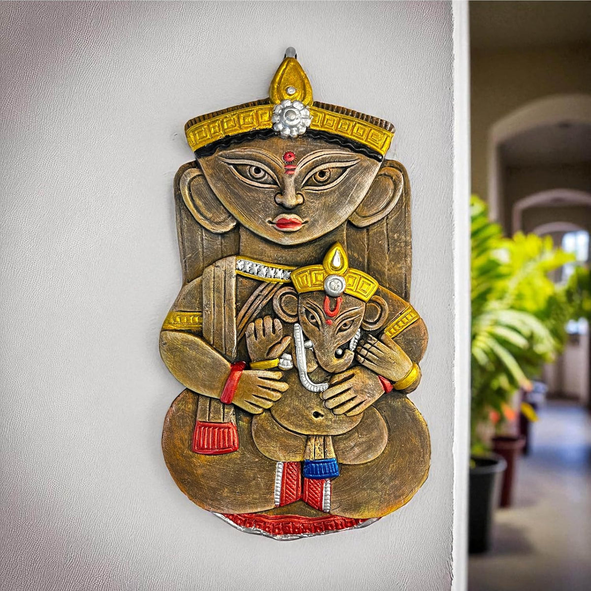 Maa Durga with Ganesh Terracotta Wall Hanging Idol Murti Decor | Devi MATA & Ganesha Janani Decor | Spiritual Art for Temple, Home & Office Decor | Spiritual Gift (31x17 CM)