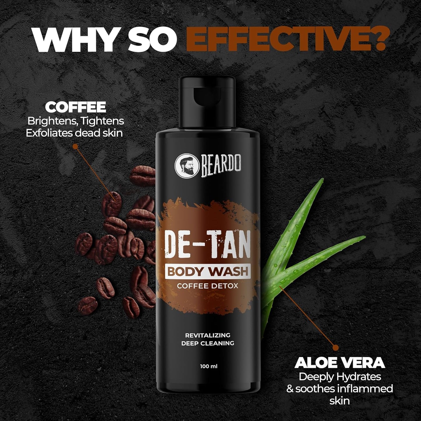Beardo De-Tan Body Wash for Men, 100ml | Tan Removal and Caffeine Body Wash | Detan With Coffee & Aloe Extracts | For Body & Face | Refreshing Fragrance
