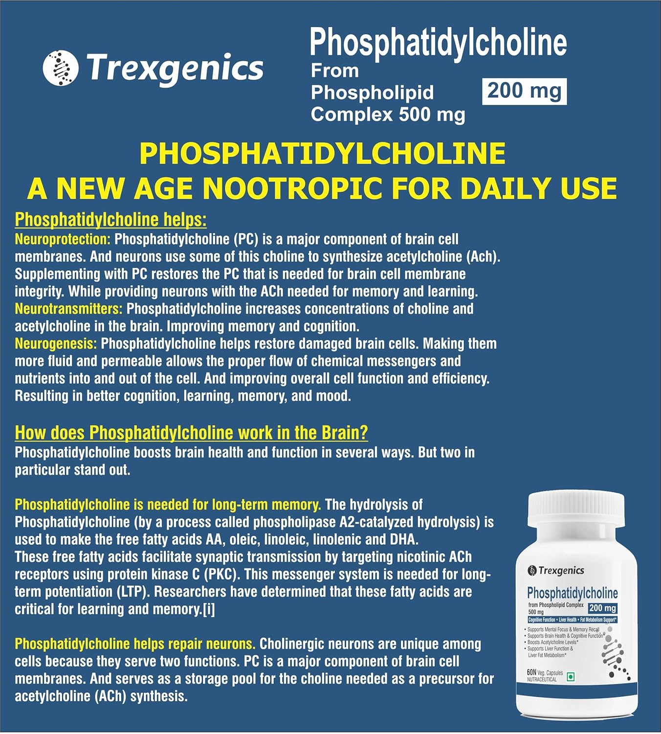 Trexgenics PHOSPHATIDYLCHOLINE 200 mg from Phospholipid Complex 500 mg, Cognitive Function, Liver and Brain Health, Fat Metabolism Support (60 Veg Capsules) (Pack of 1)