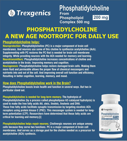 Trexgenics PHOSPHATIDYLCHOLINE 200 mg from Phospholipid Complex 500 mg, Cognitive Function, Liver and Brain Health, Fat Metabolism Support (60 Veg Capsules) (Pack of 1)