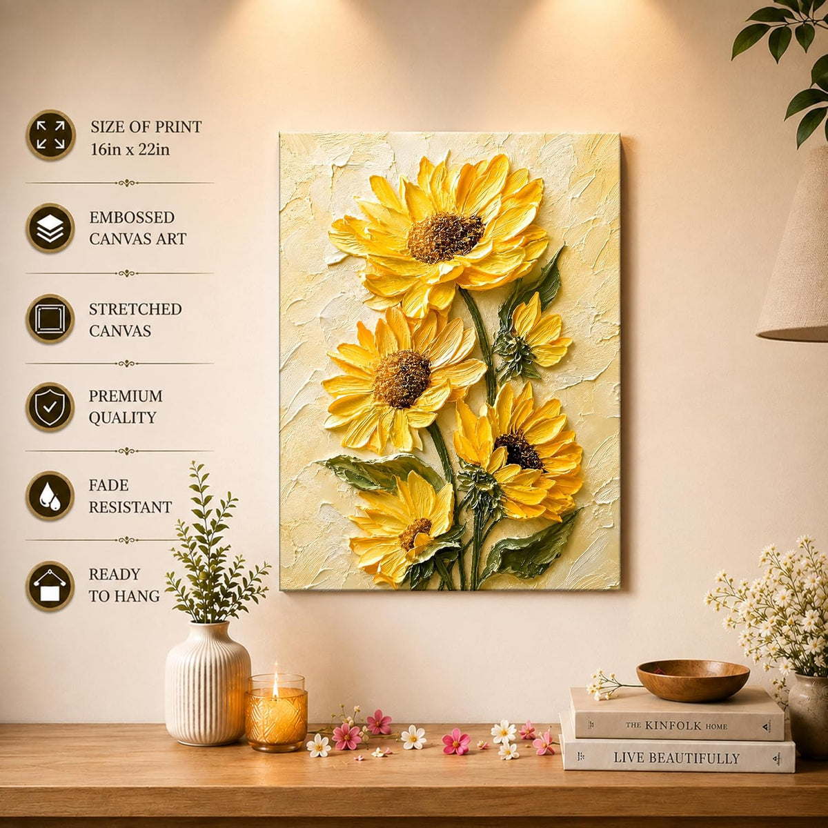 Textured Embossed Floral Canvas Wall Art Painting for wall decoration, Vibrant Yellow Sunflower Motifs Stretched Canvas Painting for living room, bedroom, office and Home, 16x22 Inch