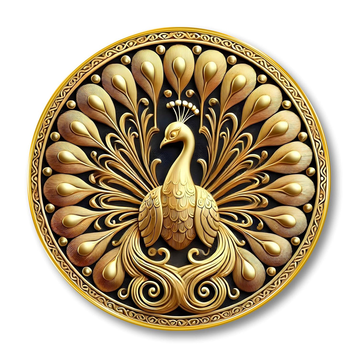 Golden Peacock Round Wall Art | 3D Embossed MDF Panel with Metallic Finish | Luxurious Home & Office Wall Decor | Elegant Artistic Frame for Living Room, Bedroom & Gift Purpose 12 Inch x 12 Inch